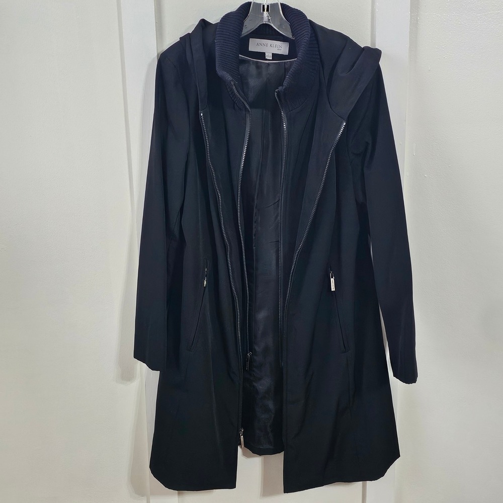 Anne Klein Black Hooded Mid Length Coat Women Size Large Minimalist Outerwear